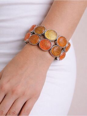 Orange Yellow Sparkling Textured Bead Stretch Bracelet Statement Glam